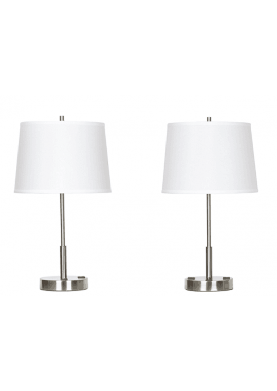  hotel table lamp in Brushed chrome Nickel metal and fabric shade new design with outlet USB and switch madie by china hotel lighting manufacturer coart item 115201804433 